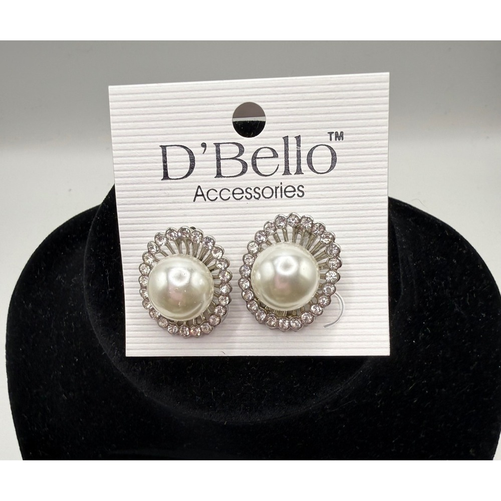 D'Bello Accessories Silver Tone Faux Pearl Rhinestone Halo Clip On Earrings NWT